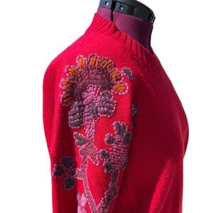 Aventura Women's Vibrant Red Sweater with EMBROIDERED Floral Design